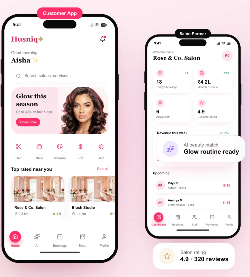 Husniq Customer App and Salon Partner App screens
