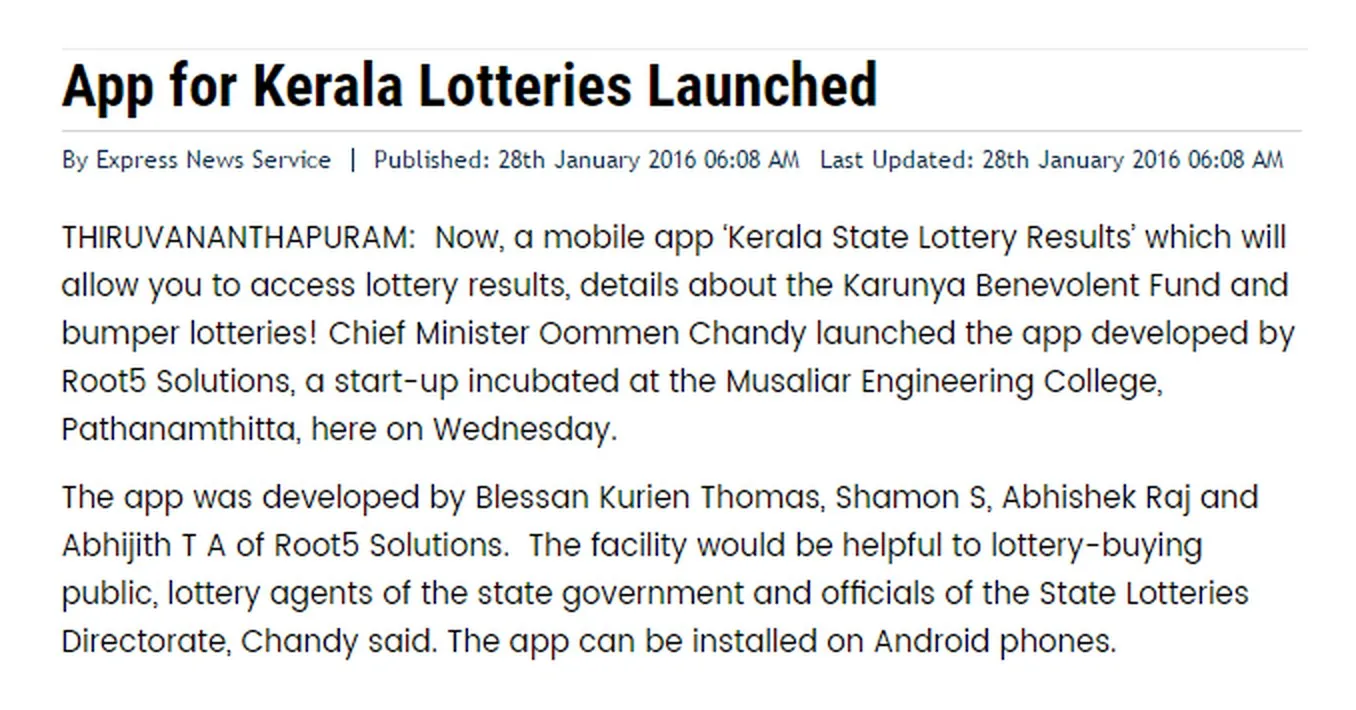 The New Indian Express article “App for Kerala Lotteries Launched”, naming Blessan Kurien Thomas among the developers from Root5 Solutions